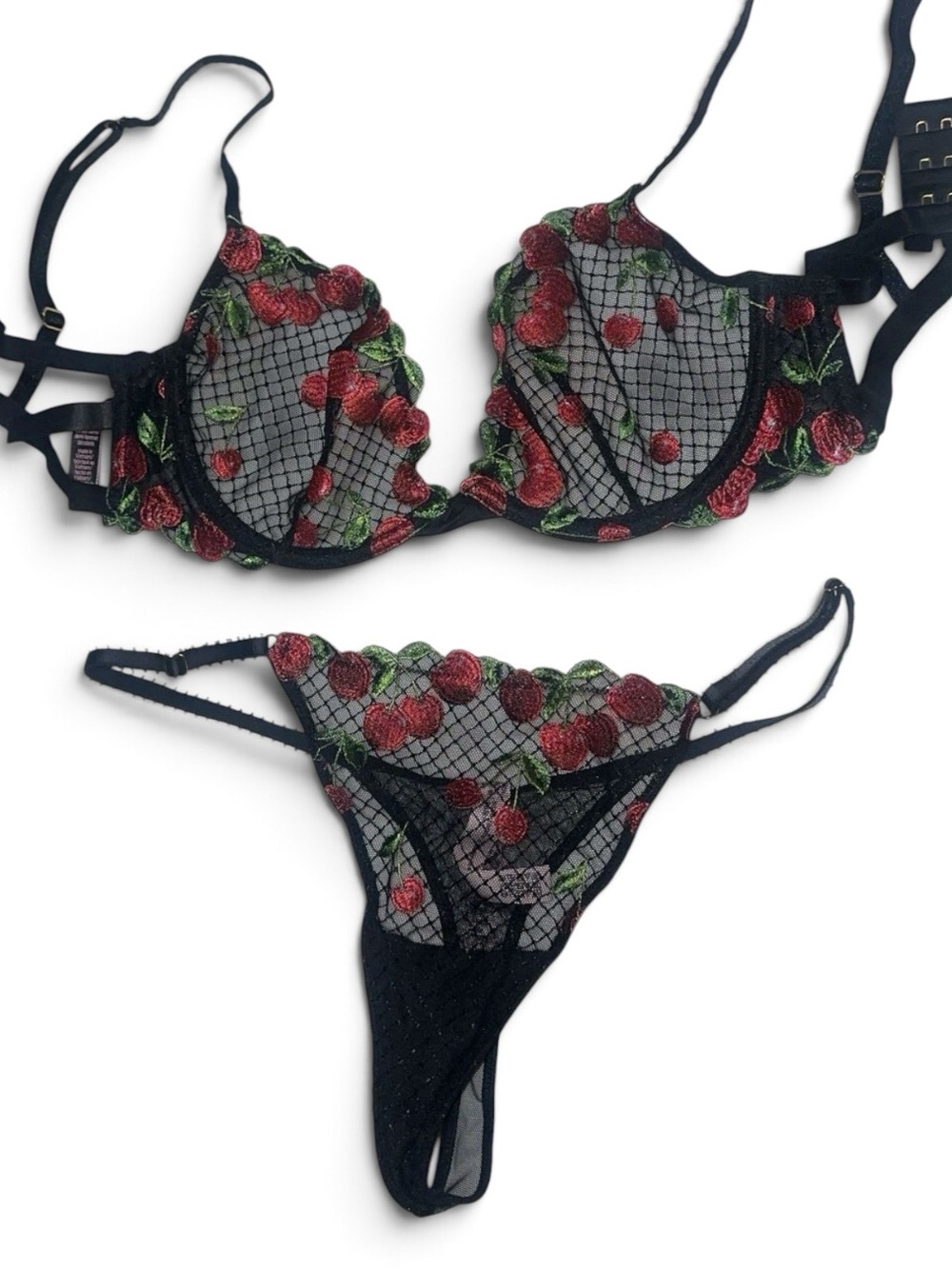 Victoria's Secret Black Mesh Embroidered Cherry Bra & Thong Set